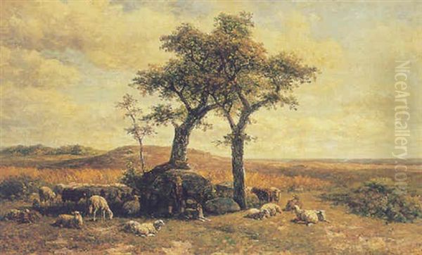 A Shepherd With His Flock In A Landscape by Simon Van Den Berg