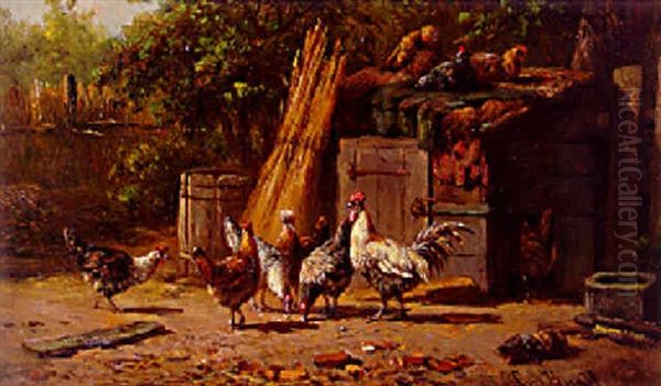 Poultry In A Sunlit Yard Oil Painting by Simon Van Den Berg