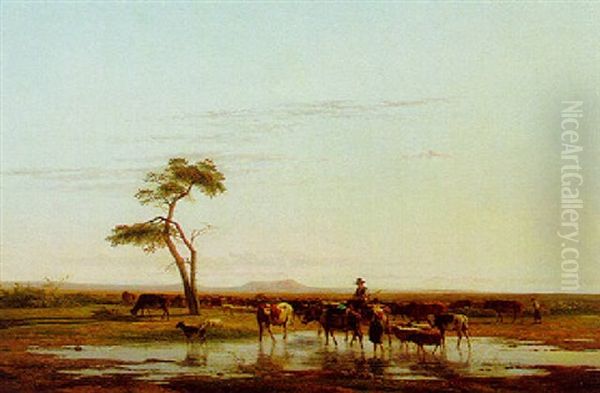 A Herdsman And His Flock In An Extensive Summer Landscape Oil Painting by Simon Van Den Berg