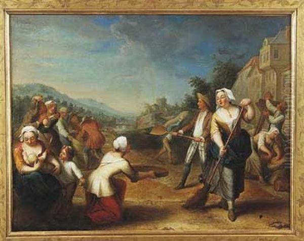 Paysans Jouant Aux Des (+scene De Battage Du Ble; Pair) Oil Painting by Pierre Bergaigne