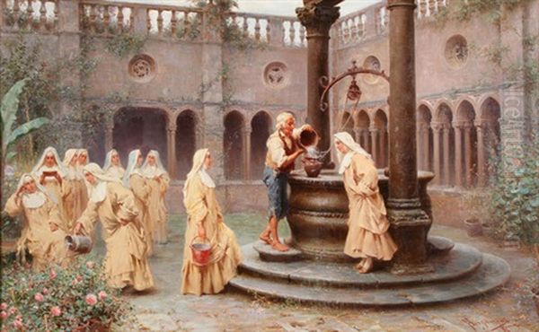 Watering Flowers In The Convent Courtyard Oil Painting by Francesco Bergamini