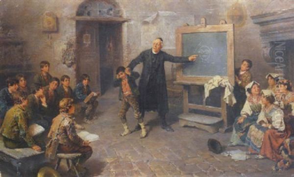 Mischief In The Schoolroom Oil Painting by Francesco Bergamini