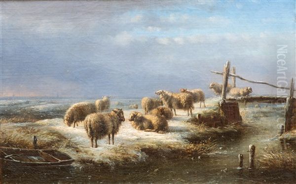 Sheep In A Frozen Polder Landscape Oil Painting by Bernardus Gerardus Ten Berge