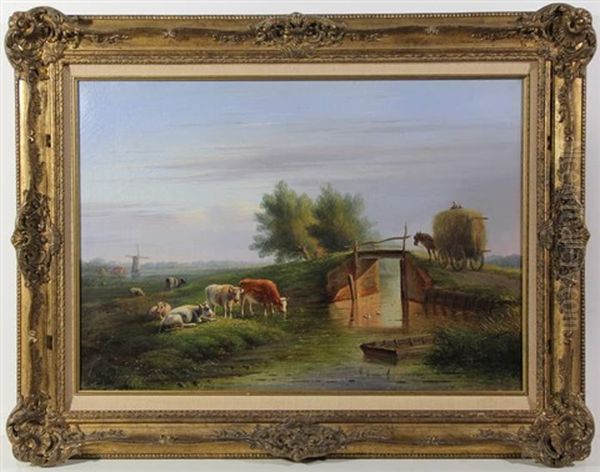 Dutch Landscape View With Cows Near A Ditch And A Horsedrawn Haycart Crossing A Bridge Oil Painting by Bernardus Gerardus Ten Berge