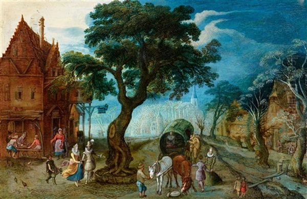 Village Landscape With Courtly Travellers Oil Painting by Christoffel van den Berge