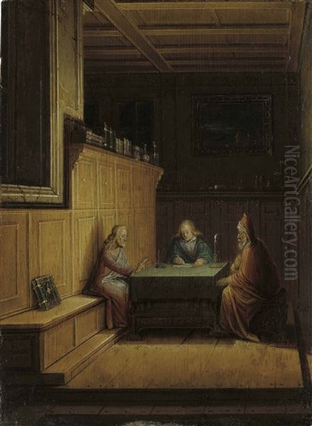 A Candlelit Interior With Christ, Saint John The Evangelist And Nicodemus Seated At A Table Oil Painting by Christoffel van den Berge