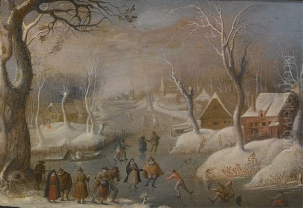 A Winter Landscape With Villagers And Skaters Oil Painting by Christoffel van den Berge