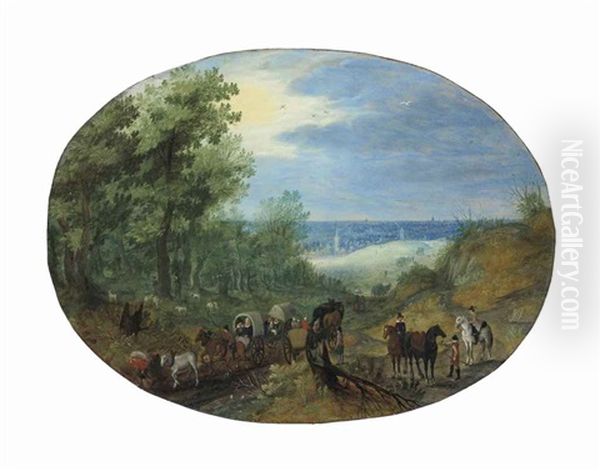 Travelers With Wagons On A Country Road, A City Beyond Oil Painting by Christoffel van den Berge