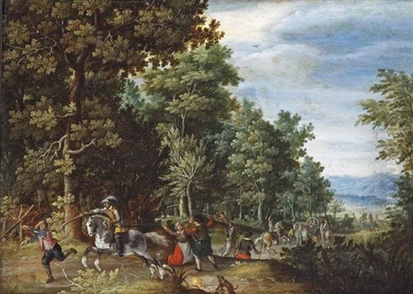 A Wooded Landscape With Travellers Being Ambushed On A Path At The Edge Of A Wood Oil Painting by Christoffel van den Berge