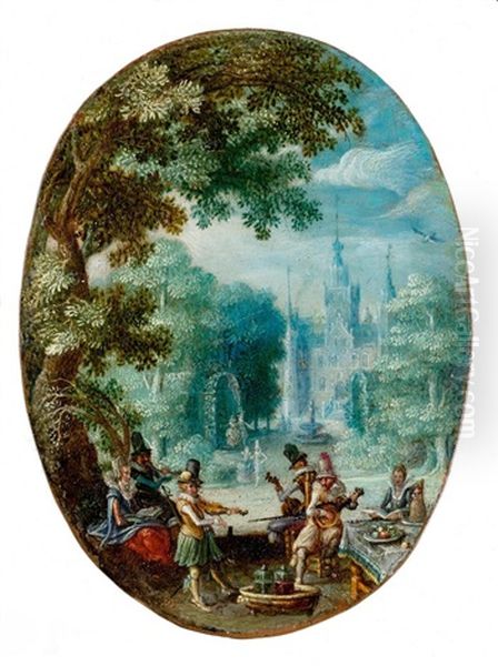 An Elegant Company Making Music In A Park Landscape Oil Painting by Christoffel van den Berge