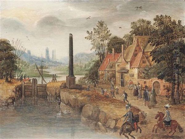 A River Landscape By A Lock, With Elegant Company On Horseback And Villagers On The Bank Oil Painting by Christoffel van den Berge