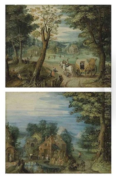 Travelers At A Crossroads With A Village Beyond (+ A River Landscape With A Village And Figures, 2 Works) Oil Painting by Christoffel van den Berge