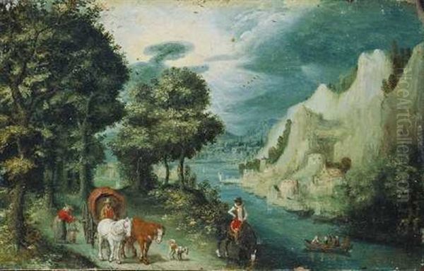 Flusslandschaft Mit Reiter Und Kutsche Oil Painting by Christoffel van den Berge