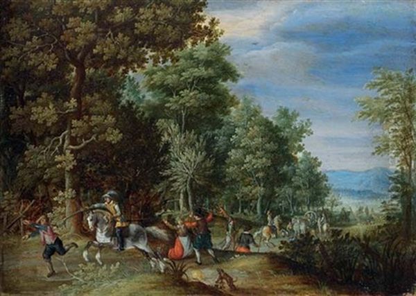 A Wooded Landscape With Travellers Ambushed On A Country Path Oil Painting by Christoffel van den Berge