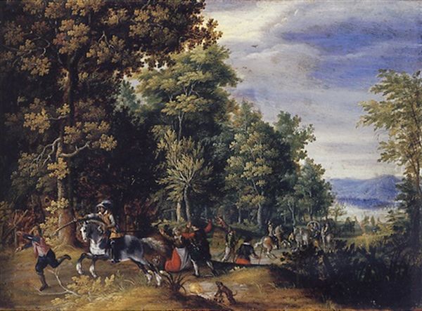 A Wooded Landscape With Travellers Ambushed On A Country Road Oil Painting by Christoffel van den Berge