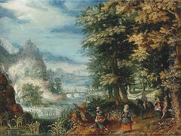 A Wooded River Landscape With Elegant Figures On A Path by Christoffel van den Berge