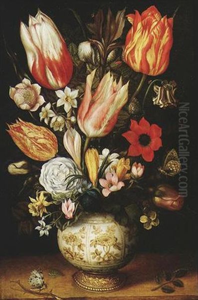 Tulips, Roses, Narcissi, Daffodils, Crocuses, An Iris, A Poppy And Other Flowers In A Gilt-mounted Porcelain Vase, With A Queen Of Spain Fritillary, A White Ermine And A Magpie Butterfly Oil Painting by Christoffel van den Berge