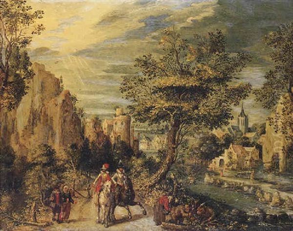 A Rocky River Landscape With Horsemen And Other Figures On A Path, A Town With A Church And A Castle Beyond Oil Painting by Christoffel van den Berge