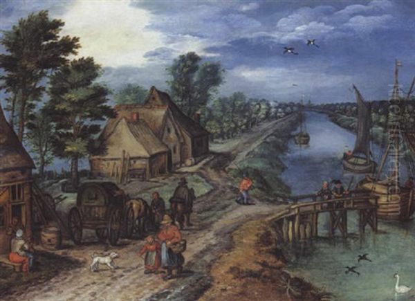 Scene Villageoise Au Bord D'un Canal Oil Painting by Christoffel van den Berge