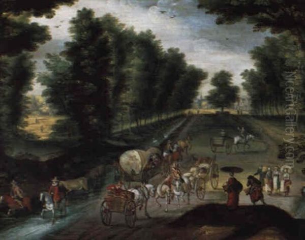 Reisende Mit Planwagen In Einer Waldlandschaft Oil Painting by Christoffel van den Berge