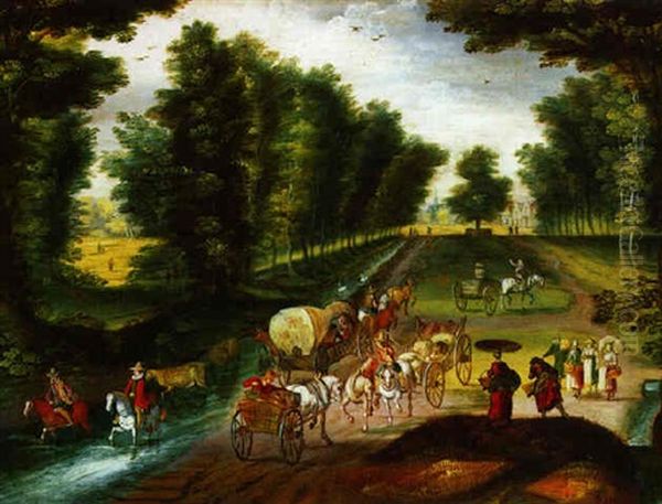 Reisende Mit Planwagen In Einer Waldlandschaft by Christoffel van den Berge