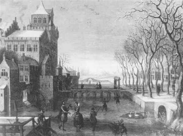 A Winter Landscape With Figures Skating By A Moated Castle by Christoffel van den Berge