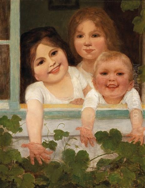 Three Children At The Window Oil Painting by Carl Von Bergen