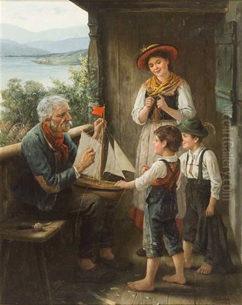 Zwei Knaben In Lederhosen Erhalten Vom Grosvater Ein Segelschiffmodell Oil Painting by Carl Von Bergen