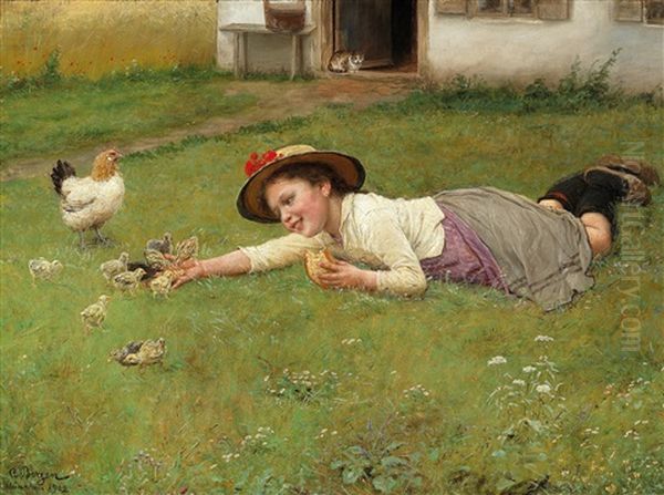 Feeding The Chicks Oil Painting by Carl Von Bergen