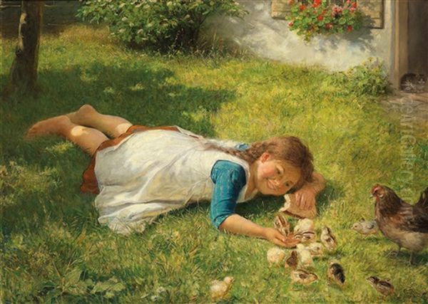 Playing With The Chicks Oil Painting by Carl Von Bergen