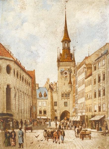 Tal In Munchen Mit Heiliggeistkirche Und Rathausturm Oil Painting by Carl Von Bergen