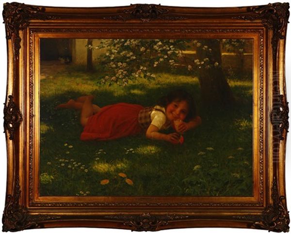 Mischief, A Little Girl Eating Bread Under A Tree Oil Painting by Carl Von Bergen