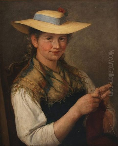 Strickende Hubsche Junge Frau In Tracht Mit Sommerhut Oil Painting by Carl Von Bergen