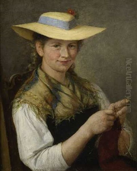 Strickende Junge Frau Oil Painting by Carl Von Bergen