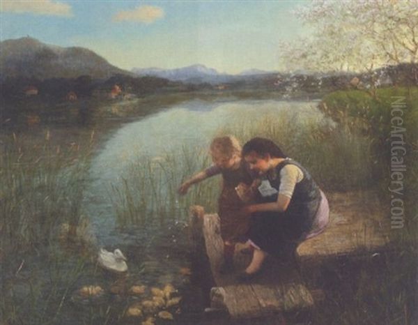 Zwei Madchen Beim Entenfuttern An Einem Vorgebirgsee Oil Painting by Carl Von Bergen