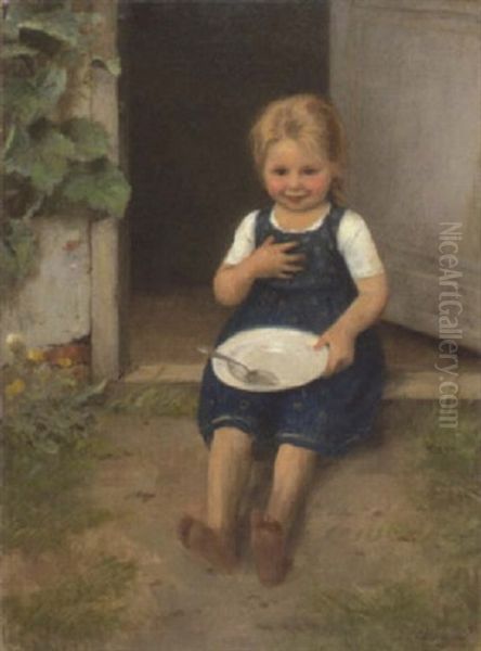 Eine Mahlzeit Im Freien. Kleines Madchen Mit Suppenteller In Der Haustur by Carl Von Bergen