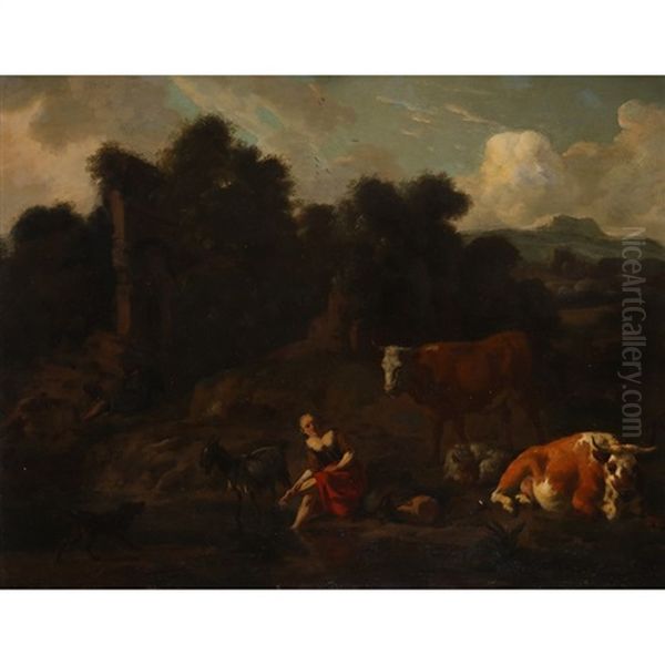 A Herdswoman With Cattle, A Goat And A Dog By A Pool In A Landscape, A Ruin Beyond Oil Painting by Dirk van Bergen