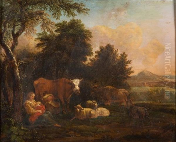 Scene De Paturage Avec Une Mere Et Son Enfant Au Pied D'un Arbre, Une Villageoise Procedant A La Traite. Oil Painting by Dirk van Bergen