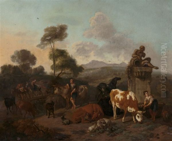 Dutch Italianate Landscape With Shepherds And Shepherdesses Oil Painting by Dirk van Bergen