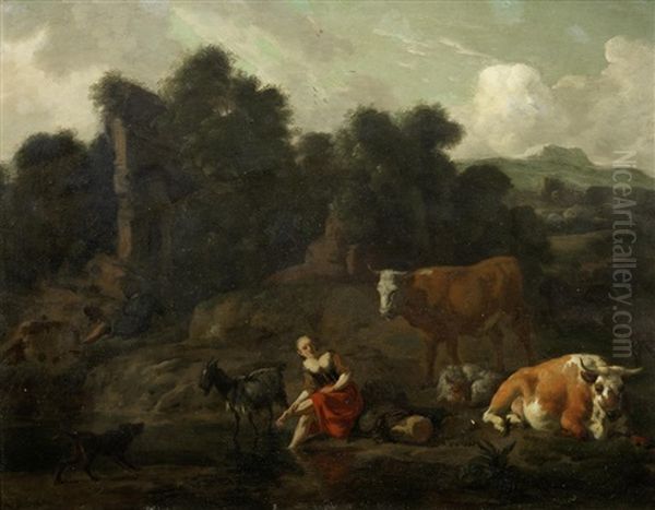 A Shepherdess Resting By A River With Her Flock Oil Painting by Dirk van Bergen