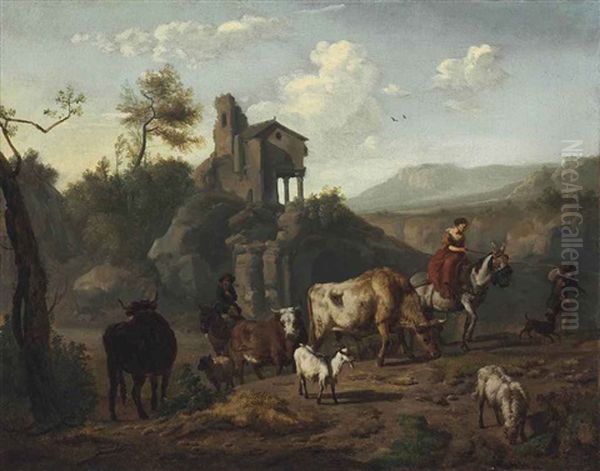 Shepherds And A Shepherdess Driving Cattle Oil Painting by Dirk van Bergen