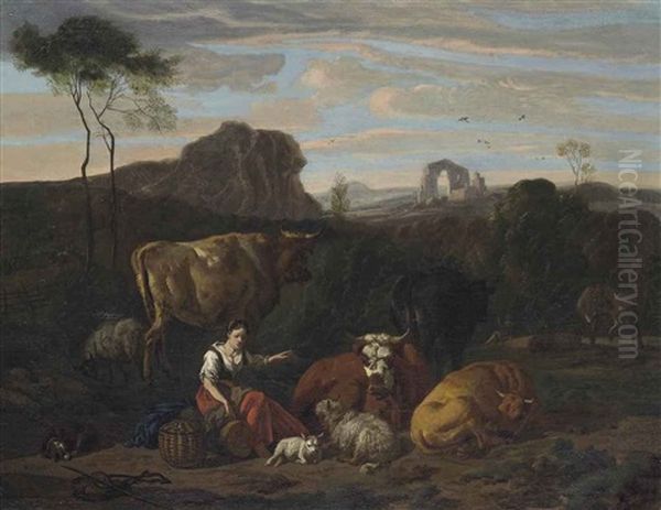 A Shepherdess And Her Flock Seated In A Landscape, Ruins Beyond Oil Painting by Dirk van Bergen