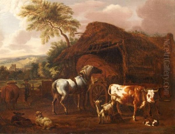 Mountain Landscape With Cow And Horse Oil Painting by Dirk van Bergen