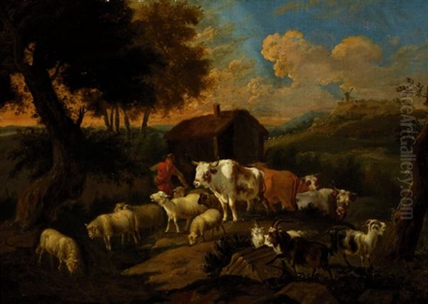 Shepherd With His Flock On A Road In A Wide Landscape Oil Painting by Dirk van Bergen