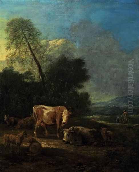 Pastorale Szene Mit Ruhenden Kuhen Und Schafen In Italienischer Landschaft, Im Hintergrund Ein Reiter Oil Painting by Dirk van Bergen