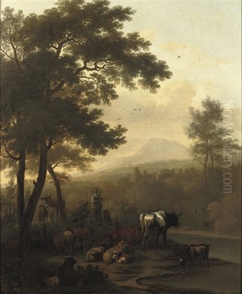 A Wooded River Landscape With A Peasant Couple And Their Cattle Oil Painting by Dirk van Bergen