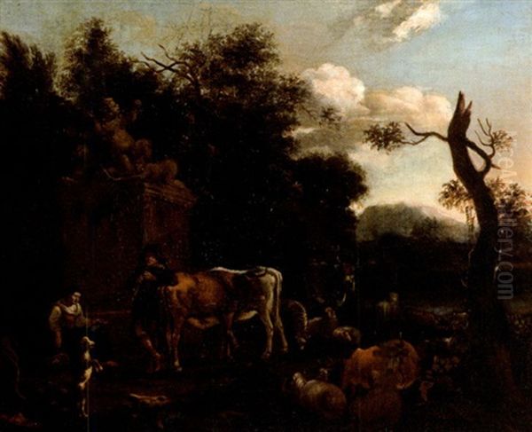 Bergers Et Leur Troupeau Devant Une Fontaine Sculptee Oil Painting by Dirk van Bergen