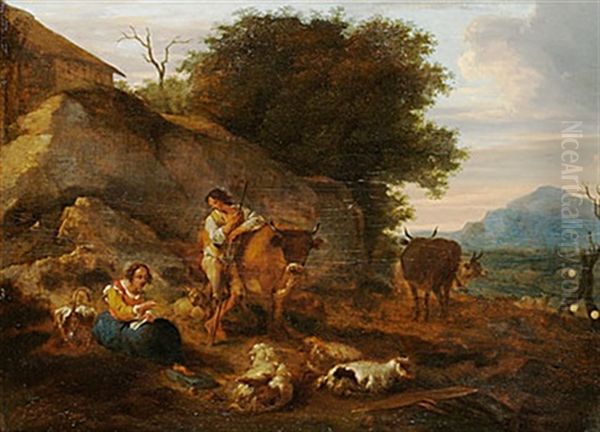 Landskap Med Herdefolk Och Boskap Oil Painting by Dirk van Bergen