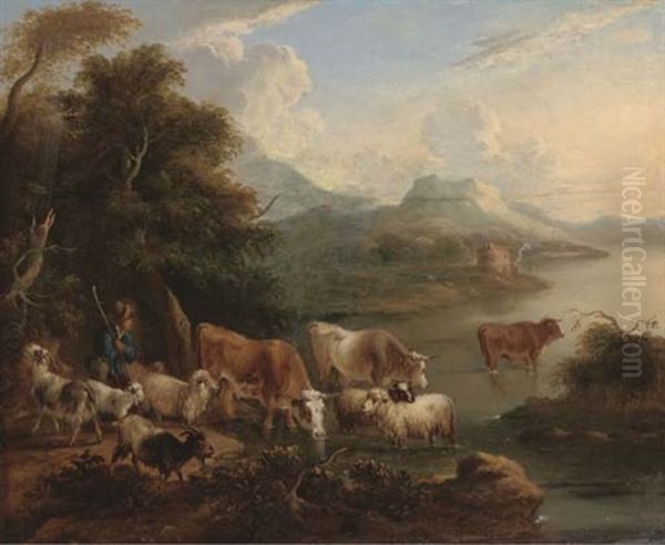 A River Landscape With A Shepherd, His Flock And Other Cattle On The Bank Oil Painting by Dirk van Bergen