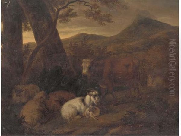 Goats, Sheep And Cows With A Mountainous Landscape Beyond Oil Painting by Dirk van Bergen